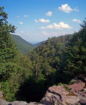 A view over a long, narrow valley with steep wooded sides. A rocky ledge is in the foreground