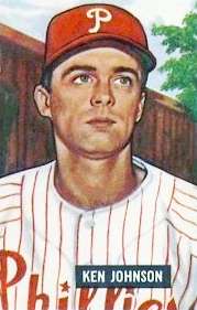 A baseball card image of a man in a white baseball jersey pinstriped with red and a red baseball cap with a white "P" on the front