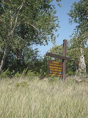 Photograph of a wooden signpost and sign that reads "Lakeview Wildlife Management Area, Natural Beach Area".