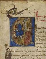 Lawrence is shown presenting his book to Philip the Fair, King of France well known for his troubles with the Catholic Church