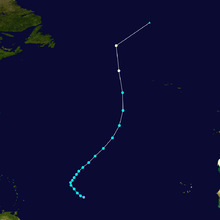 Storm path of Hurricane Lisa. It starts in the Atlantic Ocean nearly halfway between Africa and the Lesser Antilles; Lisa moves generally northward direction and in a quick motion before ceasing to exist hundreds of miles north of the Azores