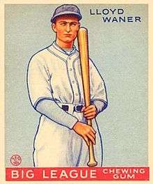 A baseball card image of a man wearing a white baseball uniform and a blue baseball cap holding a baseball bat