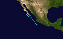 A map depicting the track of a tropical storm that paralleled the coastline of Mexico in early September.