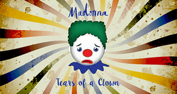 Picture of a clown's face with sad expression, in front of a whirling colorful backdrop.