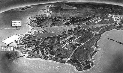 Relief map of Australia, focussing on Western Australia and the Monte Bello Islands