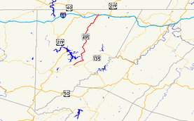 A map of far western Maryland showing major roads.  Maryland Route 495 connects MD 135 with I-68 and US 40 Alt. in central Garrett County.