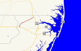 A map of northern Worcester County showing major roads.  Maryland Route 610 runs from Whaleyville to US 113 near Bishop.