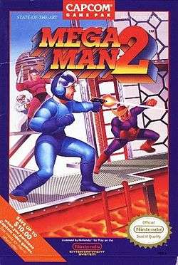 Artwork of a navy blue, vertical rectangular box. The top portion reads "Mega Man 2", while the artwork depicts a humanoid figure in a blue outfit firing a gun at a second humanoid figure in a purple and red outfit.