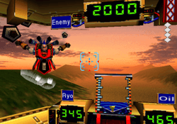 A huge robot that looks like a Kabuki performer facing the player, who is inside the cockpit of another robot, a sunset background, meters inside the cockpit reading "Enemy 2000", "Ryo 345", "Oil 465"