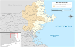 Map of the North Shore region of Massachusetts highlighted in yellow based on the region defined by the Massachusetts Office of Coastal Zone Management, with areas sometimes included in the region on other lists highlighted in light brown