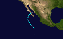 A map depicting the track of a landfalling tropical storm in mid-October.
