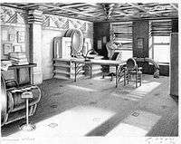 An image of an office drawn in pencil; the office has two windows, a desk, an oval-shaped computer monitor, and additional furniture. The walls and decorations of the furniture have art-deco stylings to them.