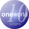 A round blue orb with the text "10 years" printed behind the word Oneworld as a watermark