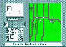 A screenshot from the Commodore 64 version, showing a medium-sized overhead map of a section of Normandy and its rivers. The interface to the left displays details of the British 6th Airborne Division, current time and landing spots.