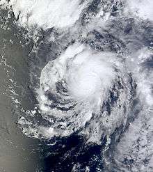 A visible satellite image of an organized tropical storm over the Central Pacific on August 17