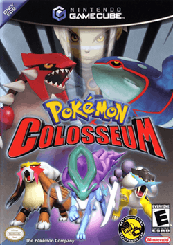 A teenage boy with grey hair and a blue jacket stands in the background, looking menacingly at the camera. In the foreground are several large creatures: a red robot-like wingless dragon, a blue robot-like whale, and three dogs with classical visual motifs of fire, ice, and electricity. Superimposed on the scene is the bulky text "Pokémon Colosseum".