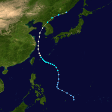 Map showing the path of a tropical cyclone as represented by colored dots. The location of each dot corresponds to the storm's position at six-hour intervals, and the color of each dot denotes its intensity at that position.