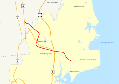 Highways in the North Kingstown area of southeastern Rhode Island are shown on a map. Route 403 is highlighted, running west to east for 4.5 miles from Route 4 in East Greenwich to an unnumbered route in Quonset.