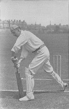 A black and white picture of Lionel Palairet demonstrating a batting stroke.