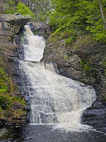 A waterfall through a stony chute in a wooded area with evergreen trees under a cloudy sky