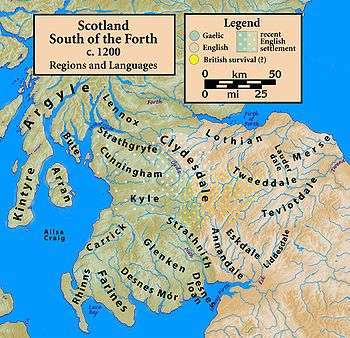 Map of southern Scotland, sea in blue, English-speaking territory in pink with Gaelic-speaking territory in green; yellow dots on the upper regions of the Clyde, Tweed and adjacent stream and rivers denoting possible British presence; white dots depict on top of Clydesdale and north Ayrshire illustrating recent English settlement; region names are written in appropriate places