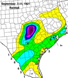 Colored map of rainfall totals as represented by filled contours.