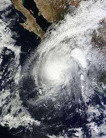 A visible satellite image showing the final tropical cyclone of the 2013 Pacific hurricane season a day before landfall.