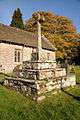 A stone cross mounted on three steps, also of stone, in a grassy churchyard. In the background is stone church and a large tree.