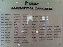 Photograph of a sign from the Students' Union building listing the previous sabbatical officer teams from 1992 to 2011.