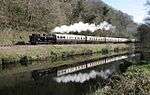 A black pannier tank locomotive is travelling from right to left, bunker first, along a single track on the side of a wooded hill. The locomotive is pulling five passenger carriages painted cream and brown, and a plume of smoke is passing over the first two carriages. The image of the train is reflected the river in front of the train.