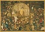 The Buddha surrounded by a halo and a large number of priests and other figures.