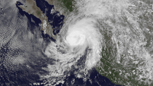 A visible satellite image of Tropical Storm Manuel approaching hurricane intensity just offshore southwestern Mexico on September 19.