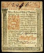 Pennsylvania colonial currency, 20 shilling, 1771 (obverse)