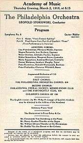  A notice headed "Academy of Music, Thursday Evening, March 1916 at 8.15." It gives details of the programme for the first American performance of Mahler's Eighth Symphony, by the Philadelphia Orchestra under Leopold Stokowski, and lists the solo performers and choirs.