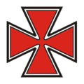 an insignia in the shape of a red maltese cross with a black outline