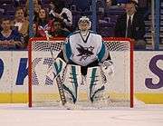 Vesa Toskala standing in front of his net