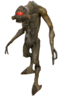 A biped alien with mottled brown skin. The creature has a hunched appearance, digitigrade legs, hooved feet and three arms. The third arm, the smallest, protrudes from the thorax. Each arm has two claws. The face is dominated by a large red eye, with three smaller eyes above it, and a small mouth with sharp teeth visible.