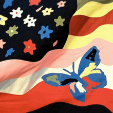 A psychedelic version of the United States flag with a butterfly superimposed atop