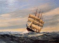 Painting of a ship with triple sails traversing through somewhat rough seas on a fair day. This ship sunk as a result of the hurricane.