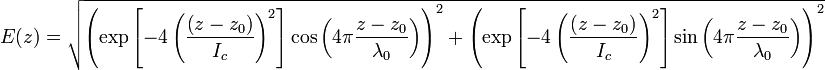 E(z)= \sqrt{ \left( \exp \left[-4 \left( \frac{\left(z-z_0 \right)}{I_c} \right)^2 \right] \cos \left(4 \pi \frac{z-z_0}{ \lambda_0} \right) \right)^2+ \left( \exp \left[-4 \left( \frac{\left(z-z_0 \right)}{I_c} \right)^2 \right]  \sin \left(4 \pi \frac{z-z_0}{ \lambda_0} \right) \right)^2}