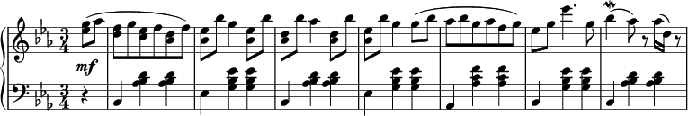 
 \relative c' {
  \new PianoStaff <<
   \new Staff { \key c \minor \time 3/4 
    \tempo \markup {
     \column {
 }
   }
      \partial 4 <ees' g>8( aes <d, f> g <c, ees> f <bes, d> f') <bes, ees> bes' g4 <bes, ees>8 bes' <bes, d> bes' aes4 <bes, d>8 bes' <bes, ees> bes' g4 g8( bes aes bes g aes f g) ees g ees'4. g,8 bes4\mordent( aes8) r aes16( d,) r8
   }
   \new Dynamics {
    s\mf
      }
   \new Staff { \key c \minor \time 3/4 \clef bass
      r4 bes,, <aes' bes d> <aes bes d> ees <g bes ees> <g bes ees> bes, <aes' bes d> <aes bes d> ees <g bes ees> <g bes ees> aes, <aes' c f> <aes c f> bes, <g' bes ees> <g bes ees> bes, <aes' bes d> <aes bes d>
   }
  >>
 }
