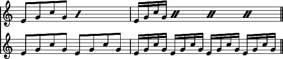 
\relative c' << { \override Score.TimeSignature #'stencil = ##f } \time 4/4 \new staff { \repeat percent 2 { e8[ g c g] } | \repeat percent 4 { e16 g c g } \bar "||" } \new staff { e8 g c g e g c g | e16 g c g e g c g e g c g e g c g } >>
