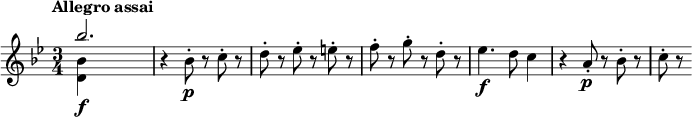 
\relative c''' {
  \tempo "Allegro assai"
  \key bes \major
  \time 3/4
  <<
    { bes2.\f | } \\
    { <bes, d,>4 s2 | }
  >>
  r4 bes8-.\p r c-. r |
  d8-. r es-. r e-. r |
  f8-. r g-. r d-. r |
  es4.\f d8 c4 |
  r4 a8-.\p r bes-. r |
  c8-. r
}
