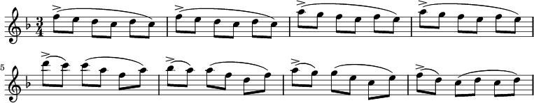 
\version "2.14.2"
\relative c'' {
\key f \major
\time 3/4
\set Timing.beamExceptions = #'()
\set Score.tempoHideNote = ##t
\tempo 4 = 240
f8->( e d c d c)
f->( e d c d c)
a'->( g f e f e)
a->( g f e f e)
d'->( c) c( a f a)
bes->( a) a( f d f)
a->( g) g( e c e)
f->( d) c( d c d)
}
