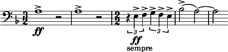  \relative c' { \clef bass \key d \minor \time 3/2 a1->\ff r2 | a1-> r2 | \numericTimeSignature \time 2/2 \times 2/3 { r4_"sempre" e->\ff f-> } \times 2/3 { g-> f-> e-> } | bes'2->( a)~ | a } 