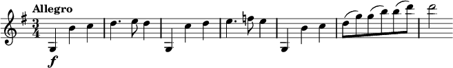 
\relative c' {
  \tempo "Allegro"
  \key g \major
  \time 3/4
  g4\f b' c |
  d4. e8 d4 |
  g,,4 c' d |
  e4. f8 e4 |
  g,,4 b' c |
  d8( g) g( b) b( d) |
  d2
}
