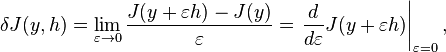 \delta J(y,h) = \lim_{\varepsilon\to 0} \frac{J(y + \varepsilon h)-J(y)}{\varepsilon} = \left.\frac{d}{d\varepsilon} J(y + \varepsilon h)\right|_{\varepsilon = 0},