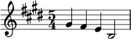  \relative c'' {\time 5/4 \key e \major gis4 fis e b2|}