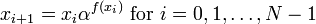 x_{i+1} = x_i\alpha^{f(x_i)}\mbox{ for }i=0,1,\ldots,N-1