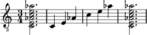  {
\clef "treble_8"
\time 3/4
<c e aes c' e' aes'>2.
<c >4
<e >4
<aes  >4
<c' >4
<e' >4
<aes' >4
<c e aes c' e' aes'>2.
}
